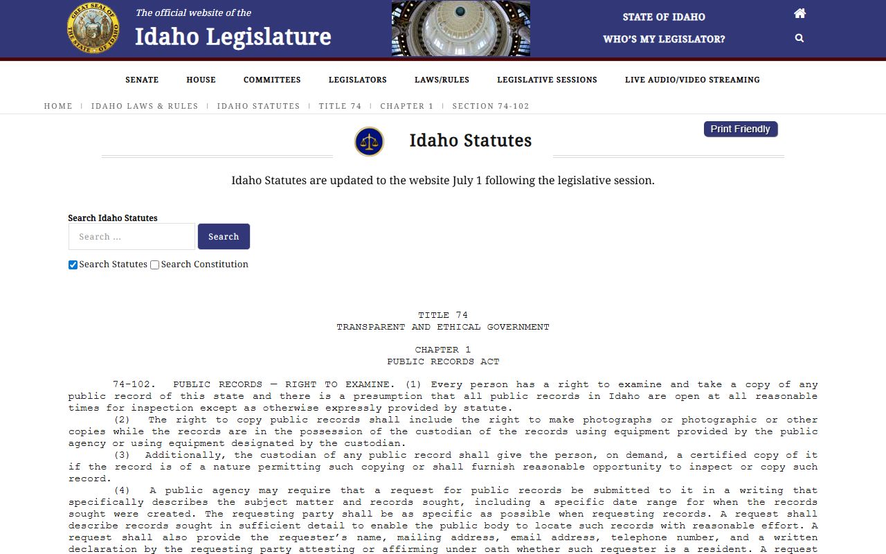 Idaho County Clerk of the District Court public records law source