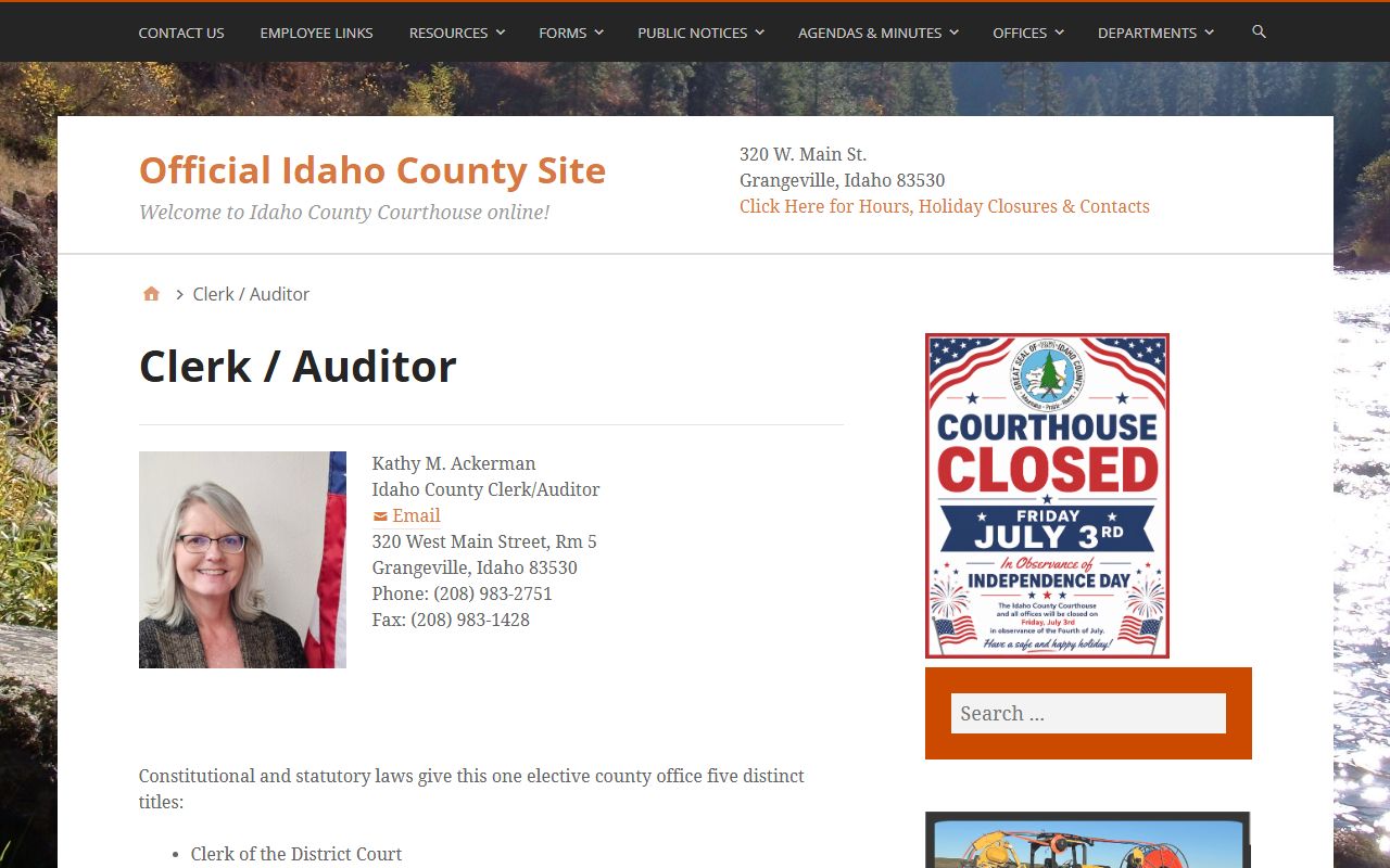 Idaho County Clerk of the District Court Clerk-Auditor contact page