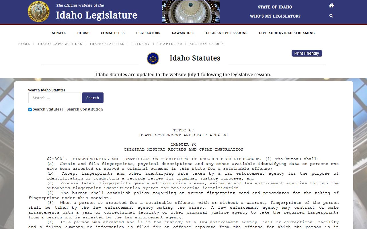 Idaho County arrest records Idaho Code section 67-3004 expungement