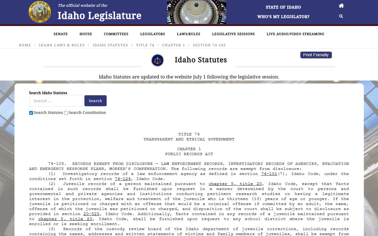 Idaho County arrest records law enforcement investigatory exemption