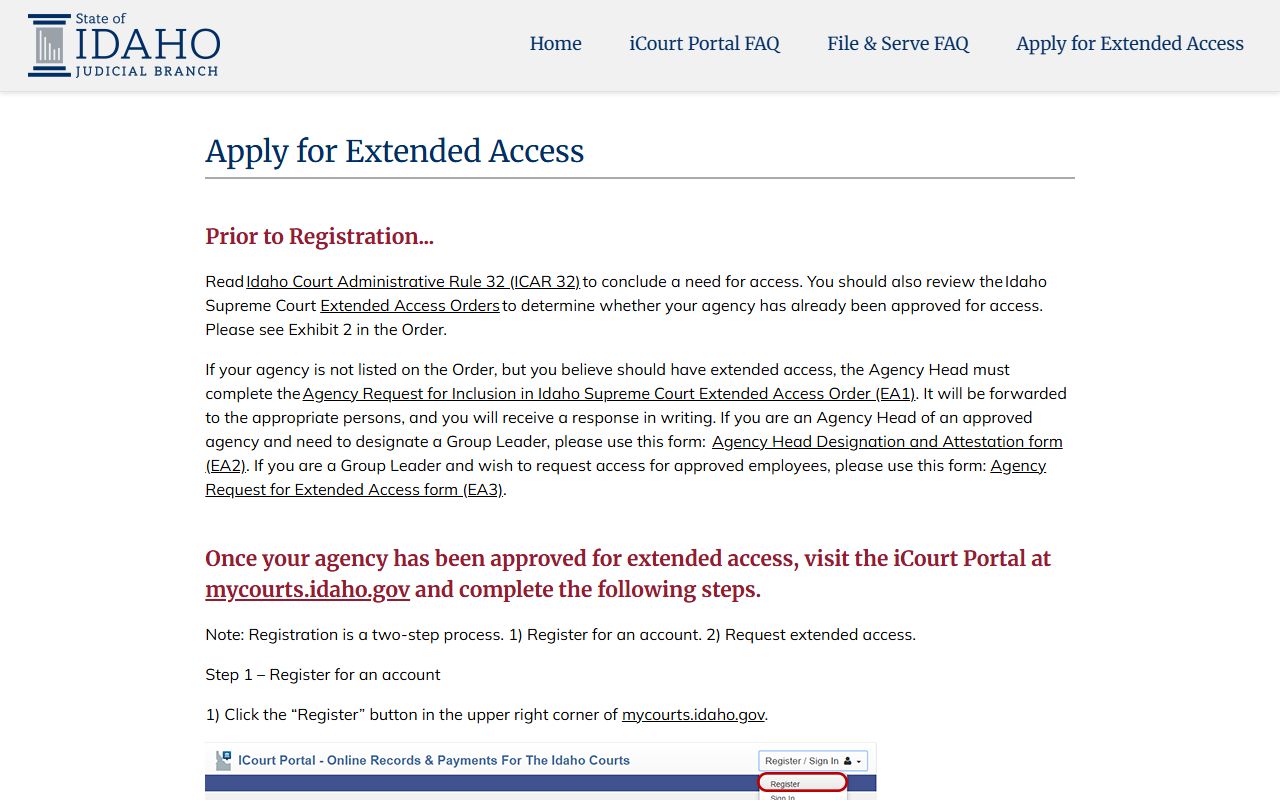Idaho County court dockets iCourt Extended Access application