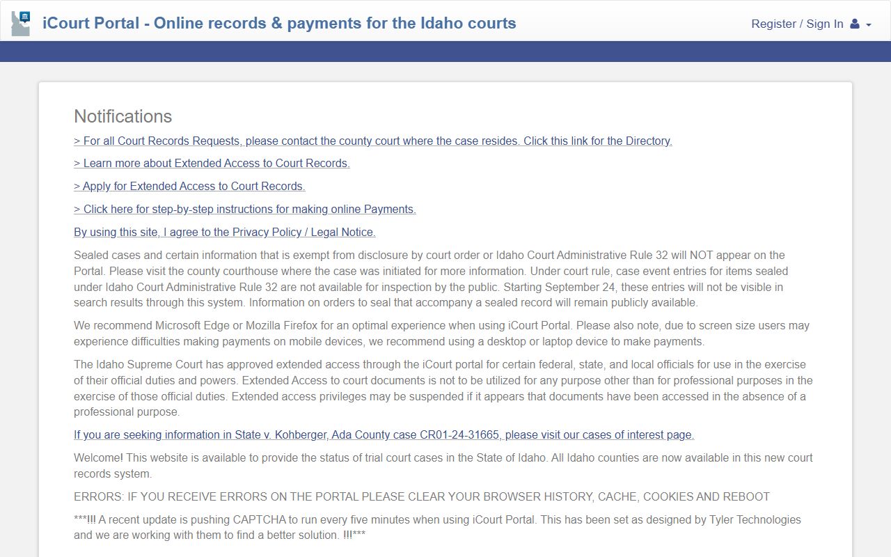 Idaho County court records iCourt Portal landing page