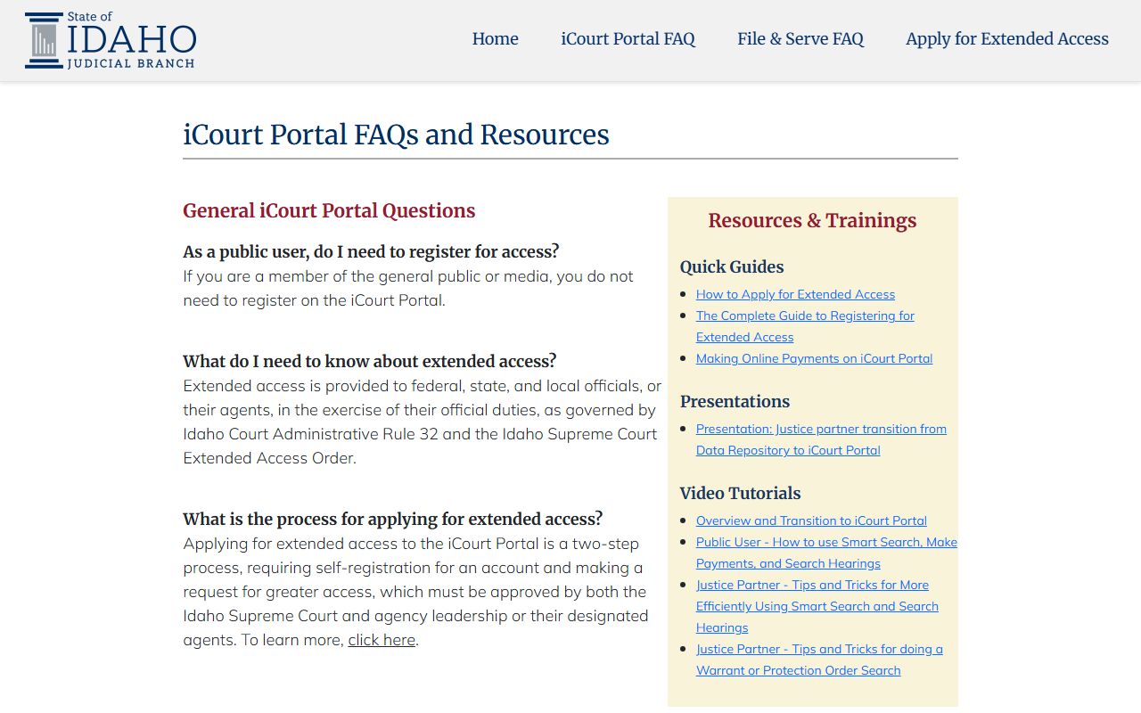 Idaho County court records iCourt public portal FAQ
