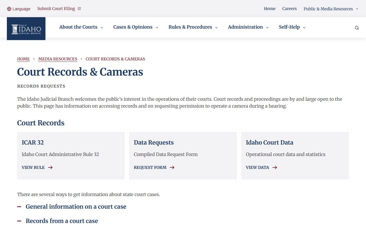 Idaho County court records state court records request guidance