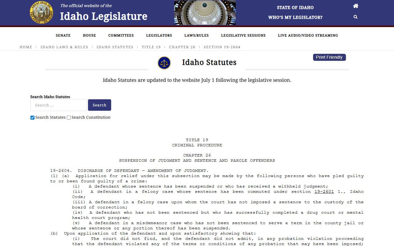 Idaho County criminal court records Idaho Code section 19-2604