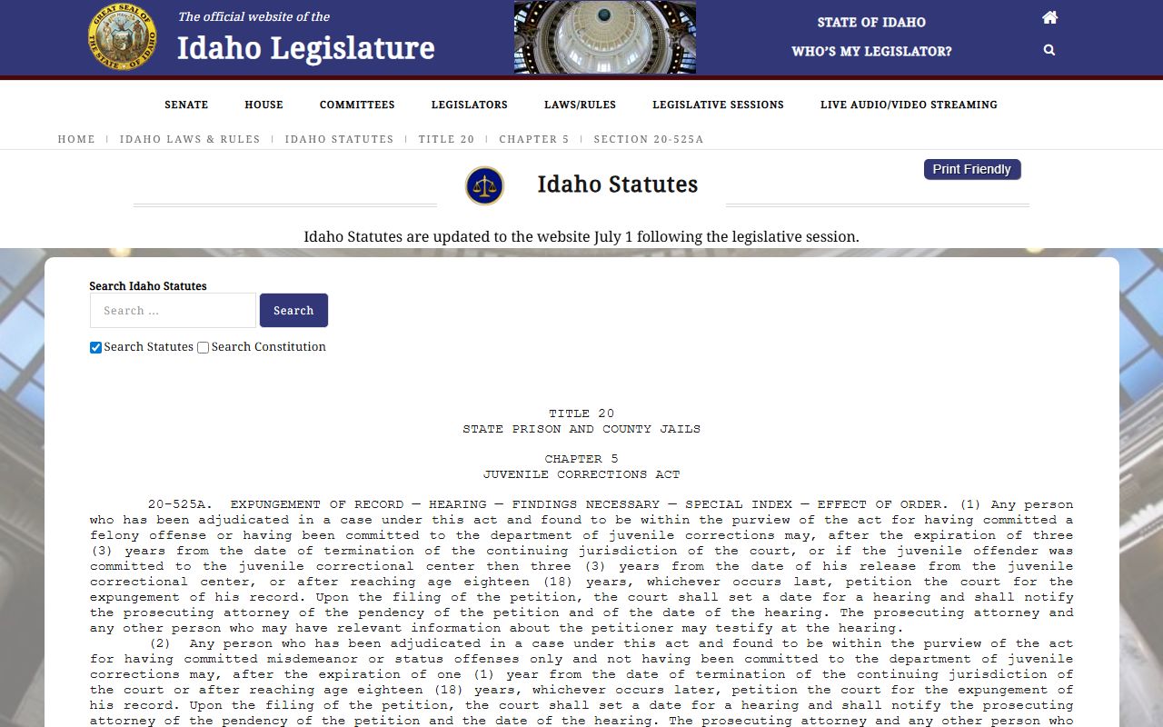 Idaho County criminal court records Idaho juvenile sealing statute