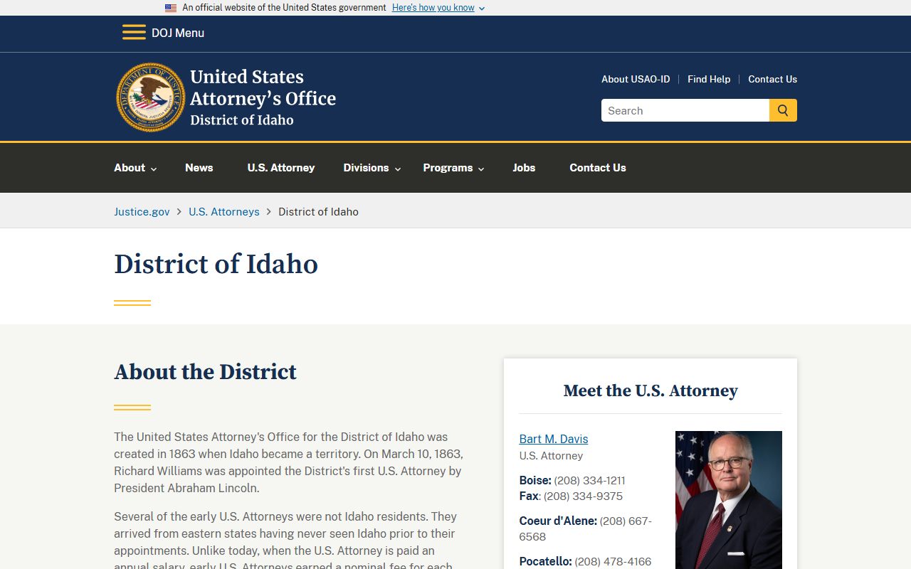 Idaho County criminal court records federal U.S. Attorney Idaho page