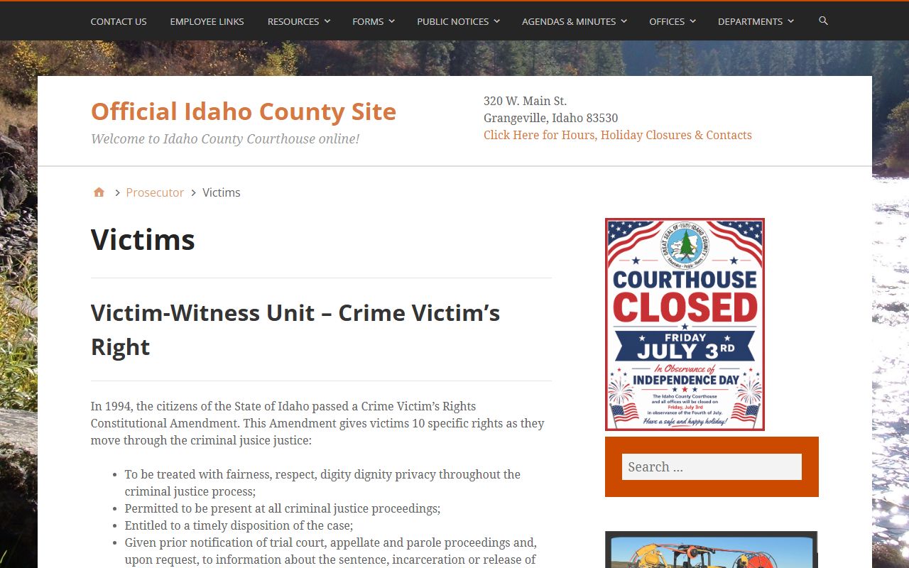 Idaho County criminal court records victim witness rights page