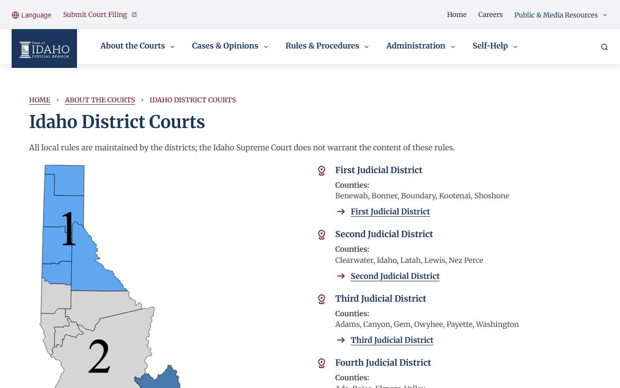 Idaho County District Court Second Judicial District map