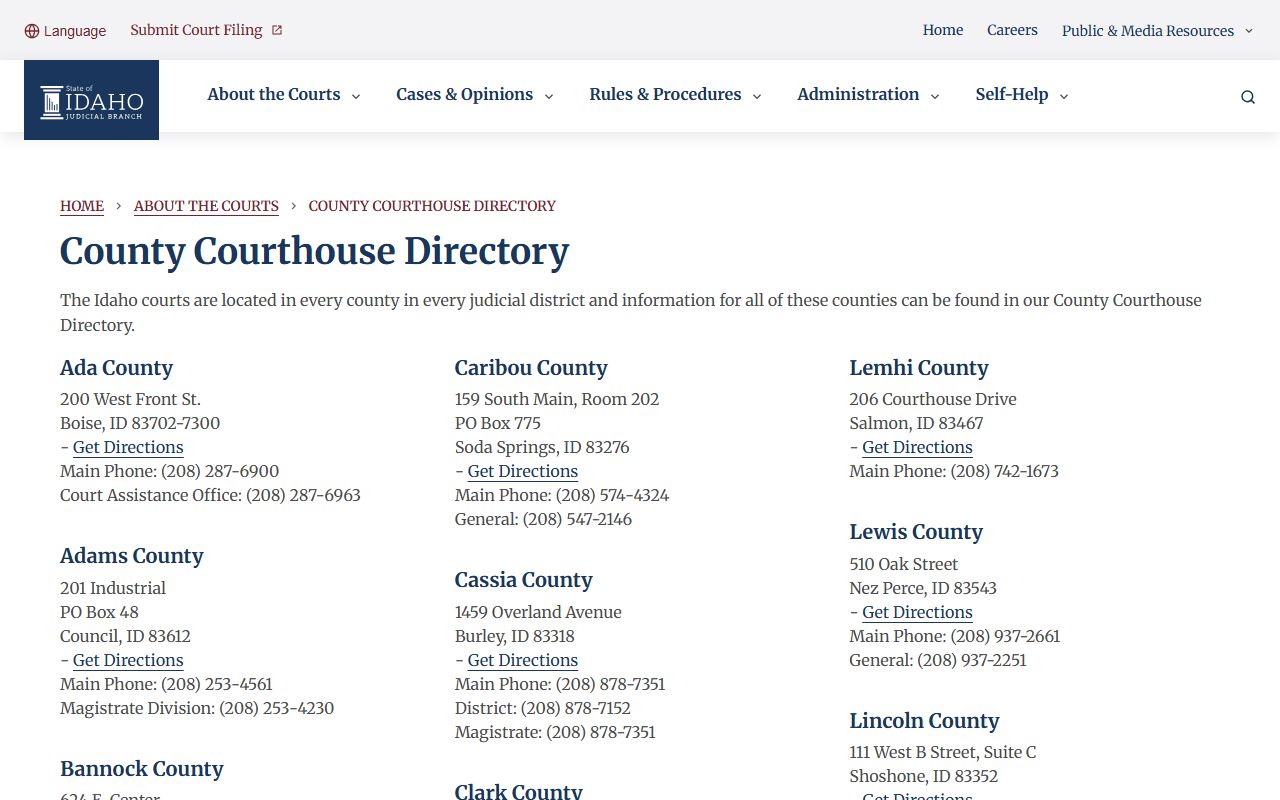 Idaho County court records state courthouse directory