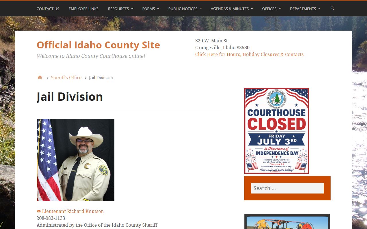 Idaho County inmate records jail division page