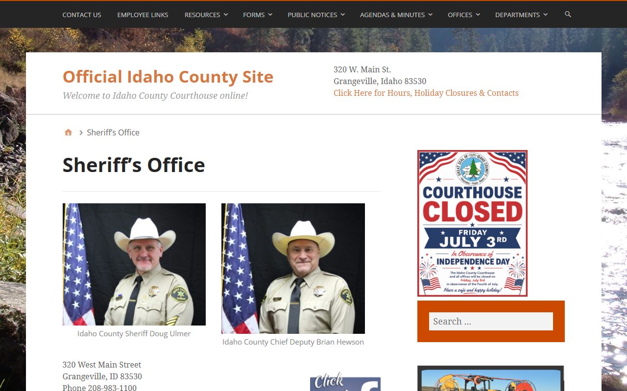 Idaho County inmate records sheriff office contact page