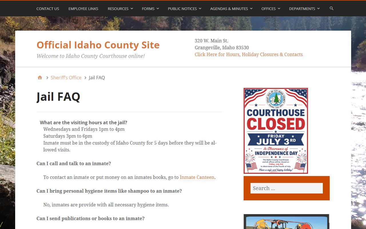 Idaho County inmate records jail FAQ visitation rules
