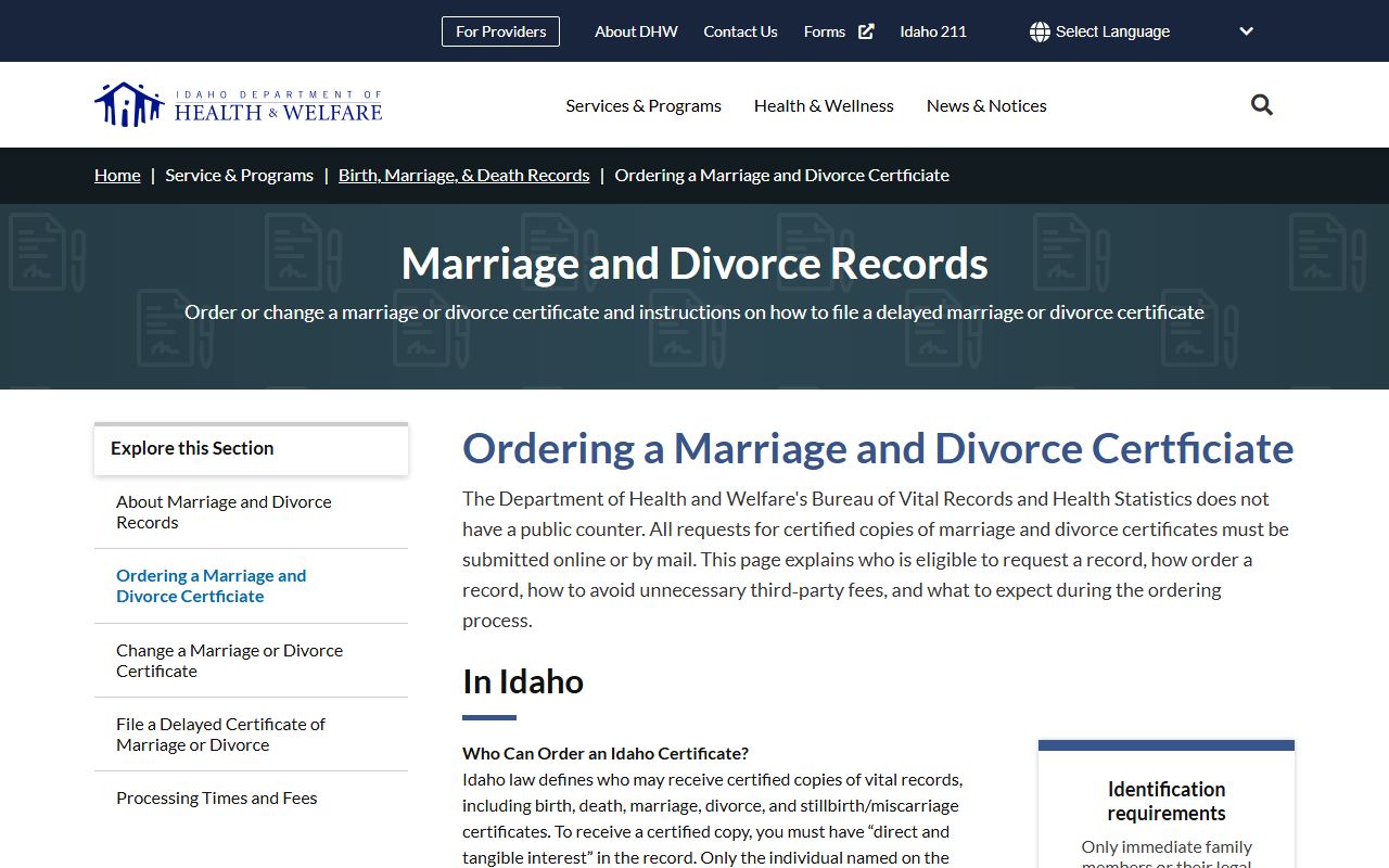 Idaho County marriage and divorce records state certificate ordering page