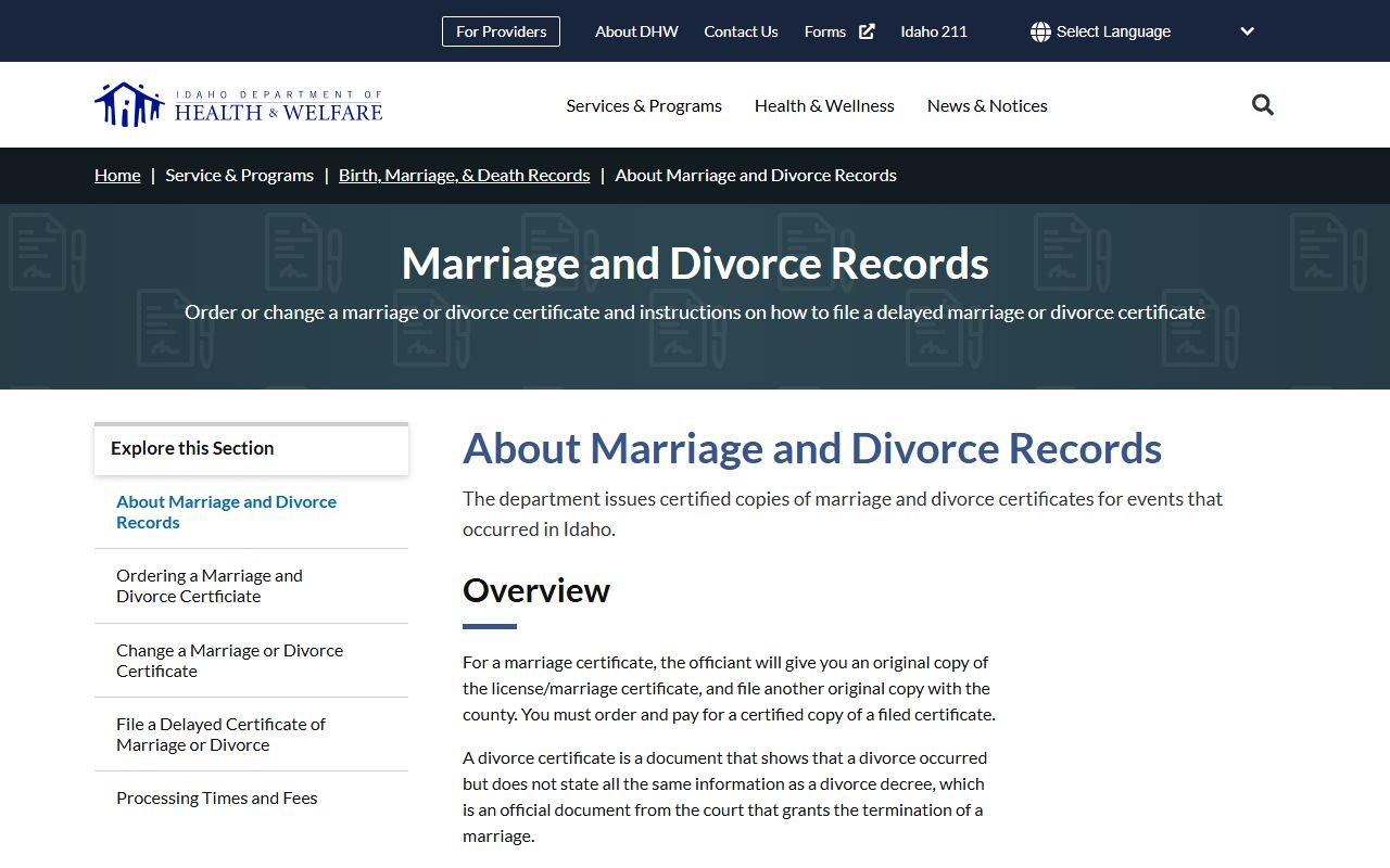 Idaho County marriage and divorce records state vital certificate overview