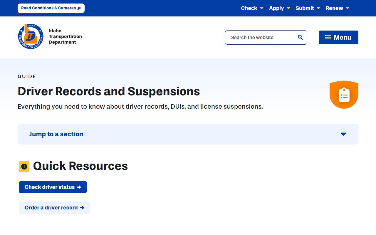Idaho County traffic court records ITD driver records page