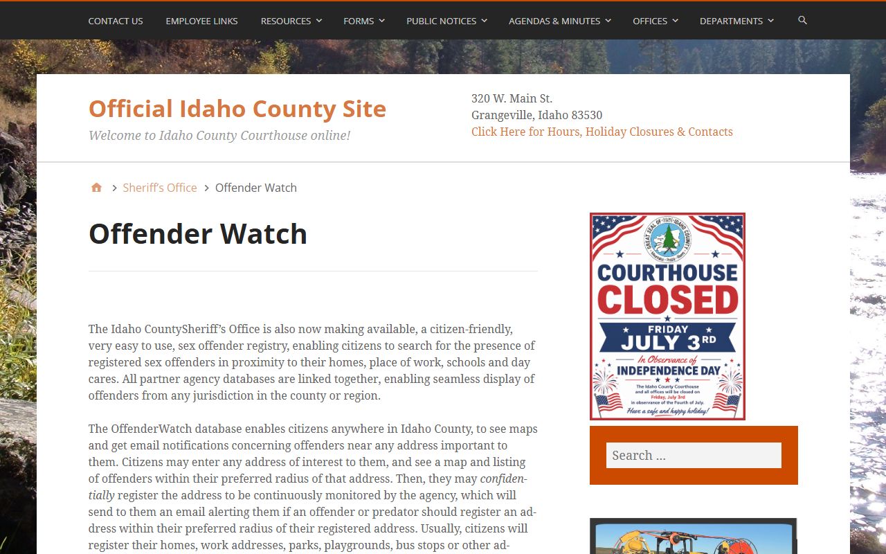 Idaho County warrant search OffenderWatch page