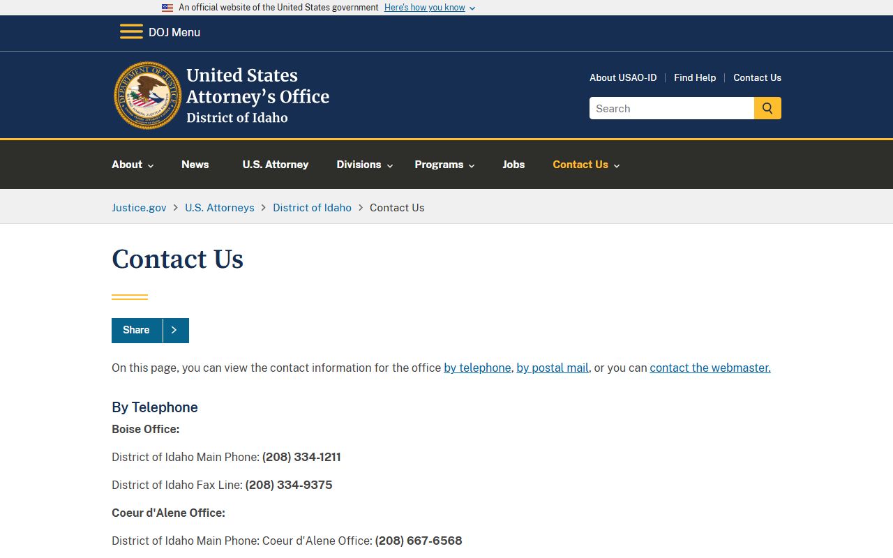 Idaho County warrant search U.S. Attorney Idaho contact information